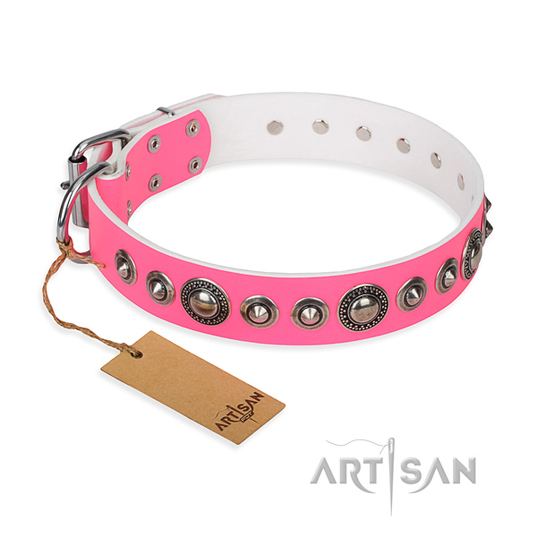 Natural genuine leather dog collar made of soft to touch material with corrosion resistant hardware