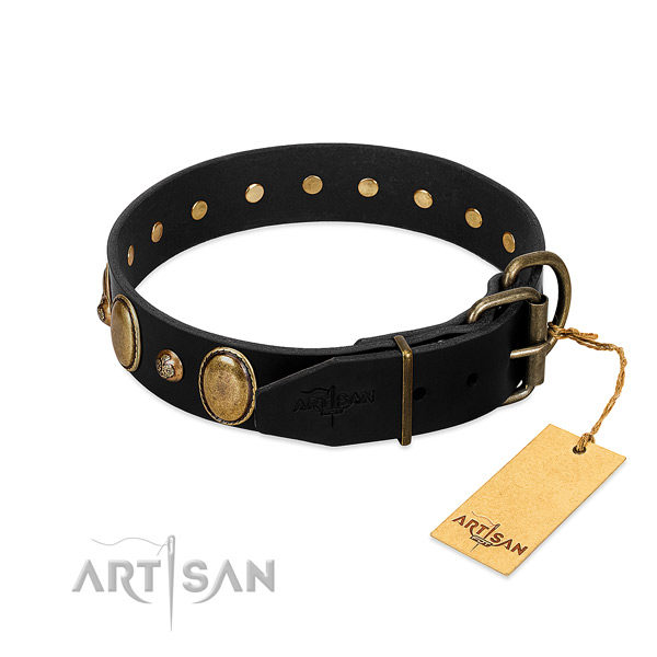 Reliable D-ring on full grain genuine leather collar for everyday walking your pet