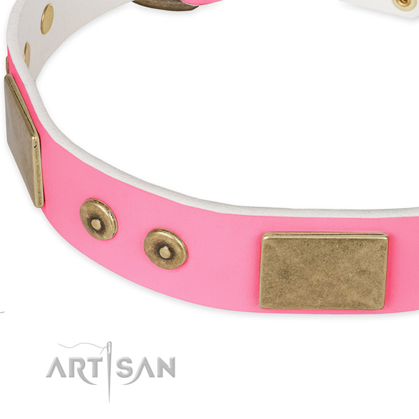 Full grain natural leather dog collar with decorations for daily walking