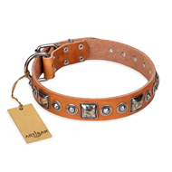 "Era of Future" FDT Artisan Handcrafted Tan Leather dog Collar with Decorations "Era of Future" FDT Artisan Handcrafted Tan Leather dog Collar with Decorations