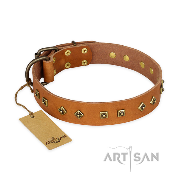 Inimitable genuine leather dog collar with strong D-ring