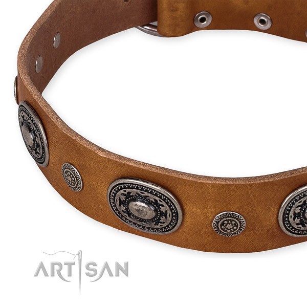 Durable natural genuine leather dog collar made for your handsome pet