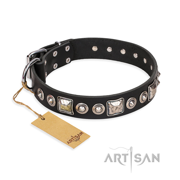Full grain genuine leather dog collar made of soft to touch material with durable fittings