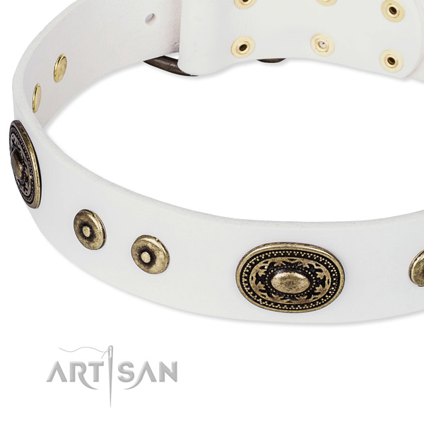 Natural genuine leather dog collar made of gentle to touch material with adornments