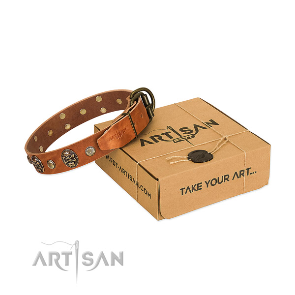 Strong traditional buckle on full grain natural leather dog collar for everyday use