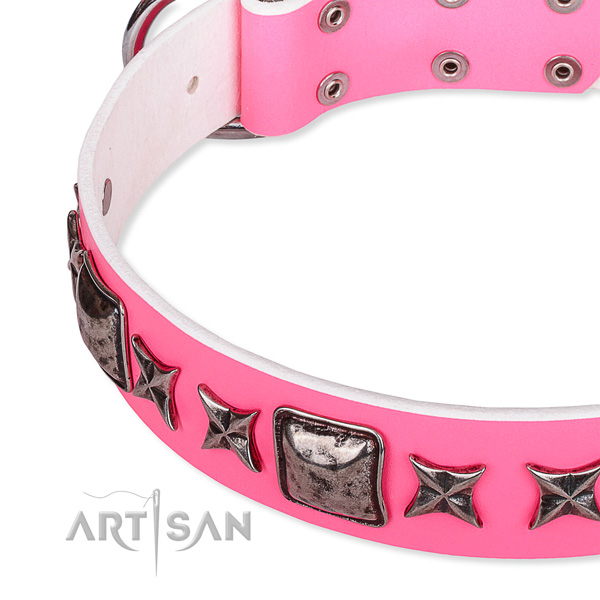 Everyday use decorated dog collar of top quality full grain genuine leather