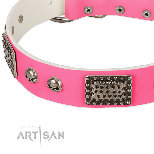 Strong traditional buckle on natural leather dog collar for your canine