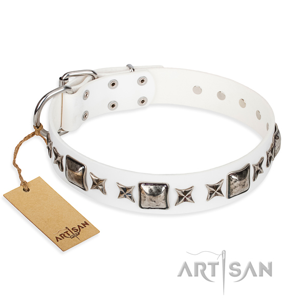 Natural genuine leather dog collar made of quality material with strong hardware
