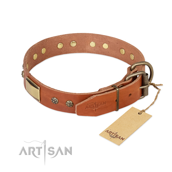 Full grain genuine leather dog collar with rust resistant buckle and studs