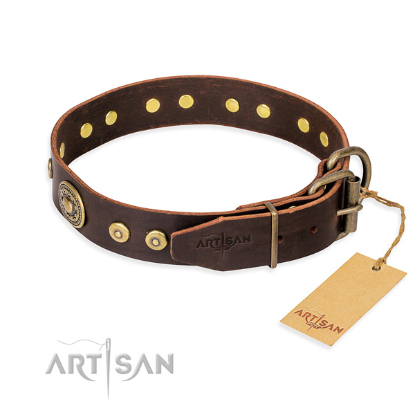 Full grain natural leather dog collar made of best quality material with durable adornments