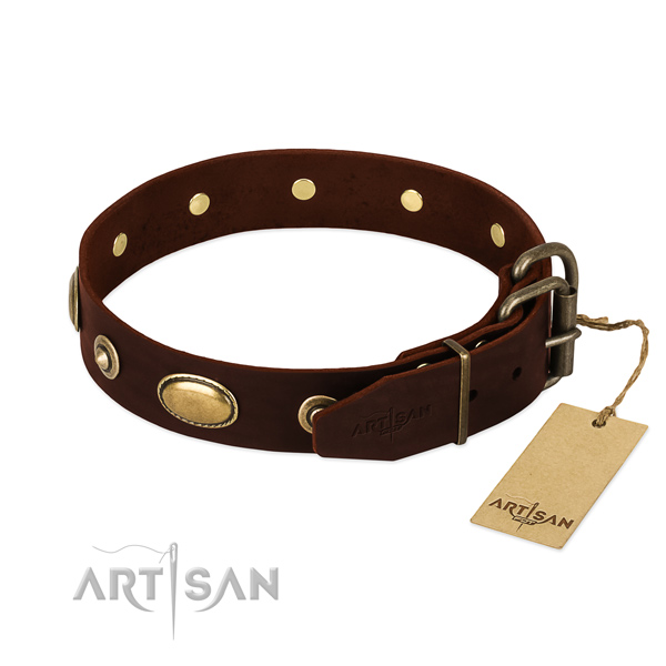 Reliable D-ring on full grain genuine leather dog collar for your pet