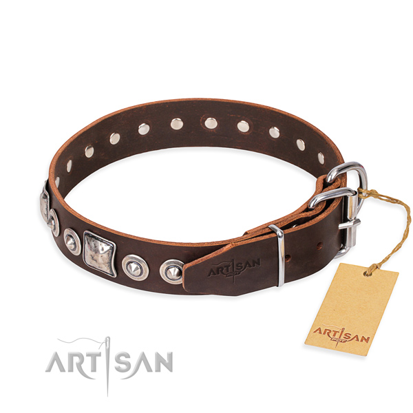 Leather dog collar made of soft to touch material with corrosion resistant decorations