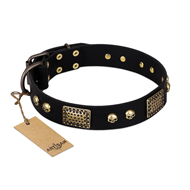 "Biker Style" FDT Artisan Black Leather dog Collar with Old Bronze Look Plates and Skulls "Biker Style" FDT Artisan Black Leather dog Collar with Old Bronze Look Plates and Skulls