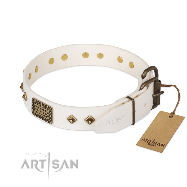 Genuine leather dog collar with rust-proof buckle and adornments