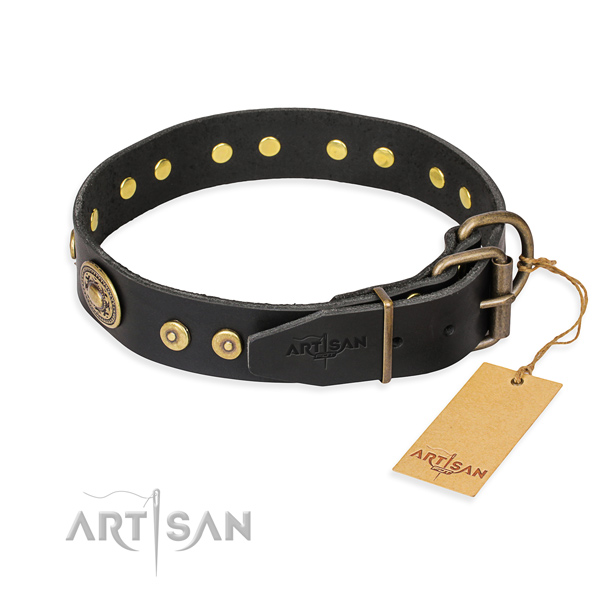 Genuine leather dog collar made of flexible material with strong studs
