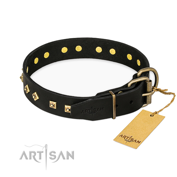 Corrosion resistant hardware on full grain leather collar for walking your doggie