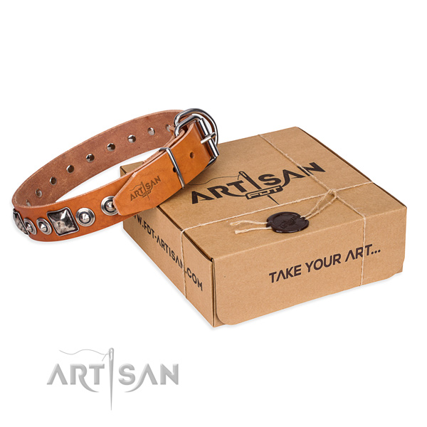 Full grain natural leather dog collar made of quality material with strong hardware