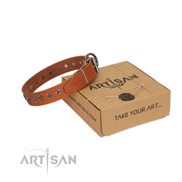 Comfortable wearing dog collar of high quality leather with decorations