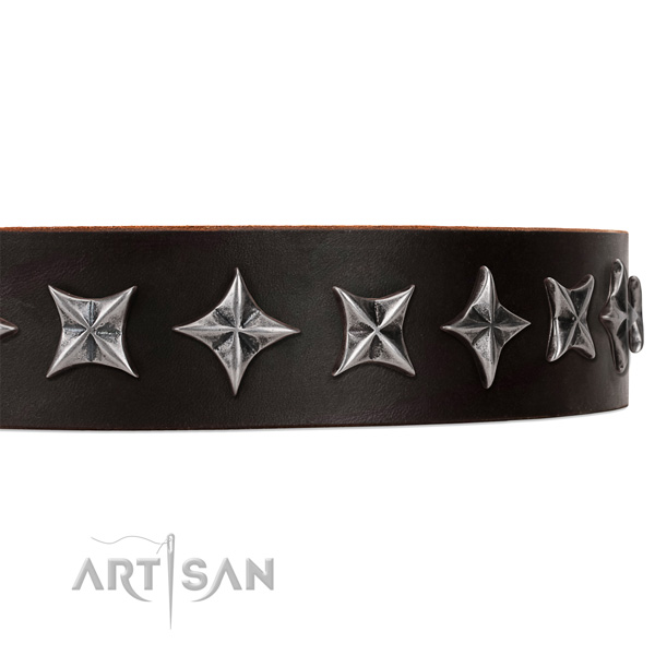 Comfortable wearing adorned dog collar of high quality leather