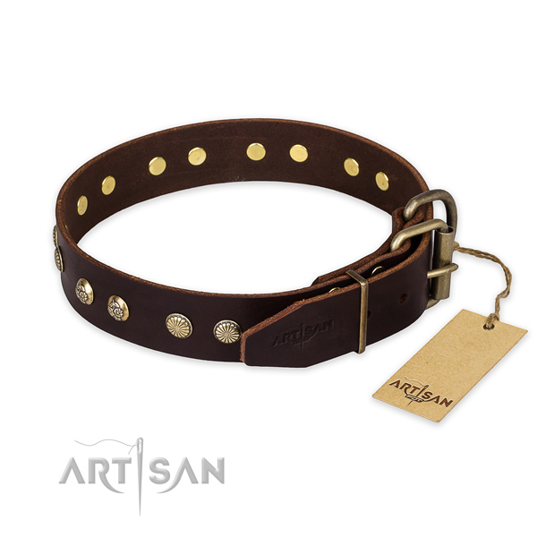 Reliable buckle on natural genuine leather collar for your lovely four-legged friend