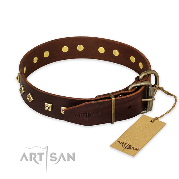 Durable buckle on full grain genuine leather collar for fancy walking your dog