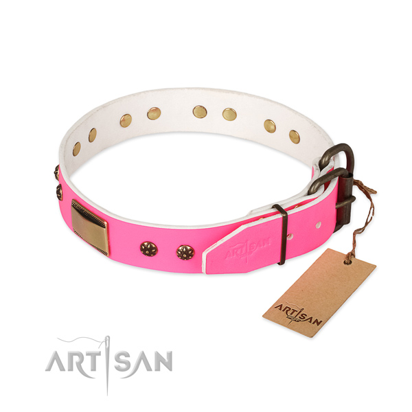Natural genuine leather dog collar with strong D-ring and embellishments