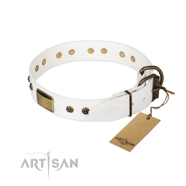 Full grain genuine leather dog collar with corrosion resistant traditional buckle and embellishments