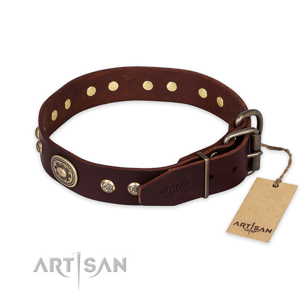 Durable D-ring on full grain genuine leather collar for everyday walking your dog