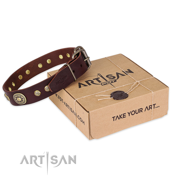 Strong hardware on natural leather dog collar for comfy wearing