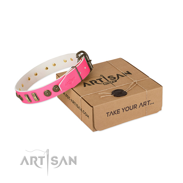 Rust resistant decorations on full grain leather dog collar for your canine