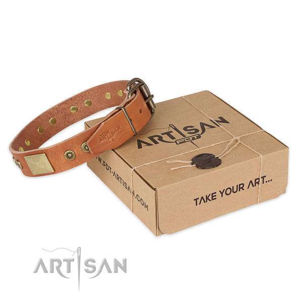 Corrosion resistant D-ring on full grain genuine leather dog collar for comfortable wearing