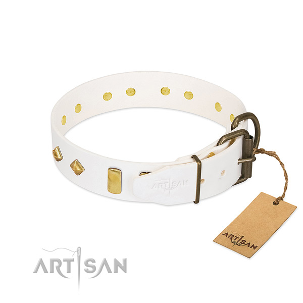 Soft natural leather dog collar with corrosion proof hardware