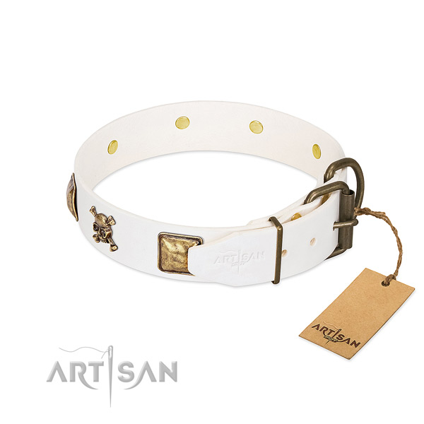 Stunning full grain natural leather dog collar with rust-proof decorations