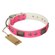 "Fashion Skulls" FDT Artisan Pink Leather dog Collar with Old Silver Look Plates and Skulls "Fashion Skulls" FDT Artisan Pink Leather dog Collar with Old Silver Look Plates and Skulls