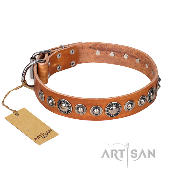 Natural genuine leather dog collar made of high quality material with rust resistant traditional buckle