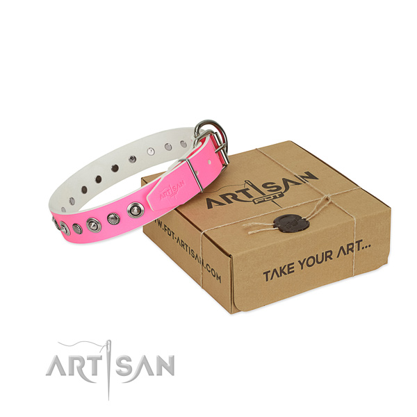 Quality full grain genuine leather dog collar with extraordinary decorations