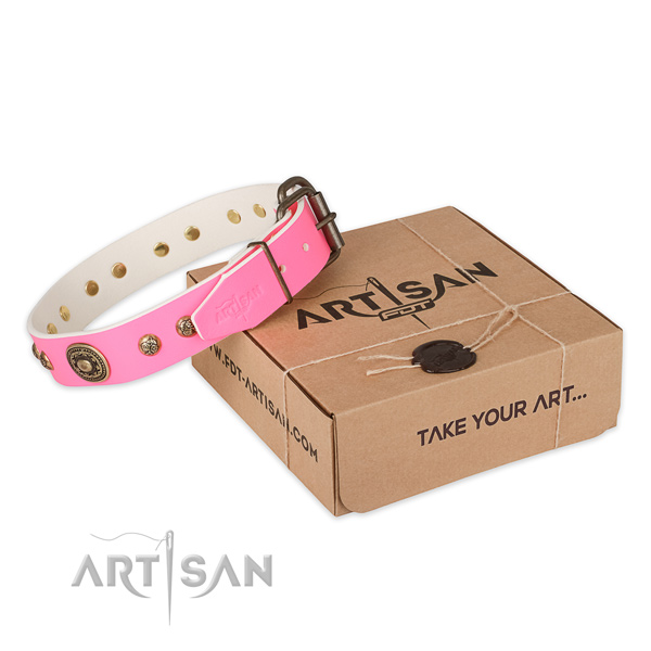 Reliable traditional buckle on full grain leather dog collar for comfy wearing