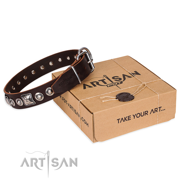 Natural genuine leather dog collar made of top notch material with reliable hardware