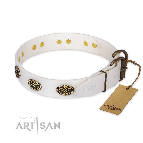 Corrosion resistant hardware on full grain leather collar for walking your doggie