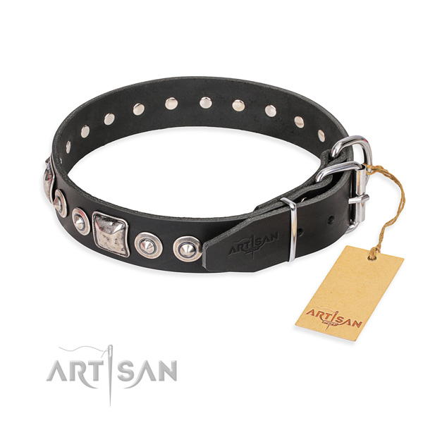 Full grain leather dog collar made of quality material with durable adornments