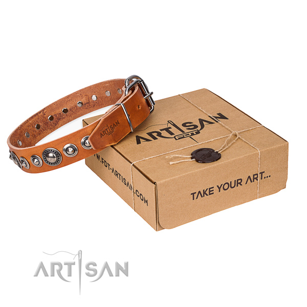 Full grain genuine leather dog collar made of high quality material with corrosion proof D-ring