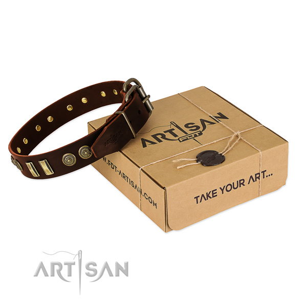 Rust resistant D-ring on natural leather dog collar for your canine