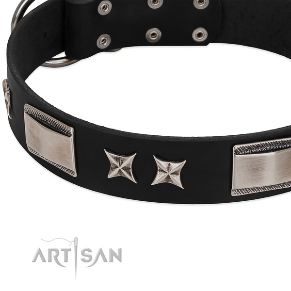 Reliable full grain natural leather dog collar with rust-proof traditional buckle