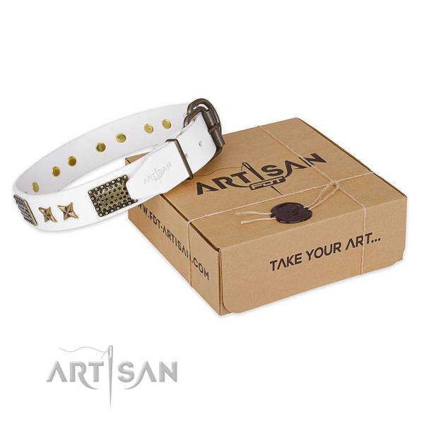 Strong hardware on full grain natural leather collar for your stylish dog