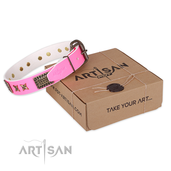 Reliable traditional buckle on genuine leather collar for your attractive doggie