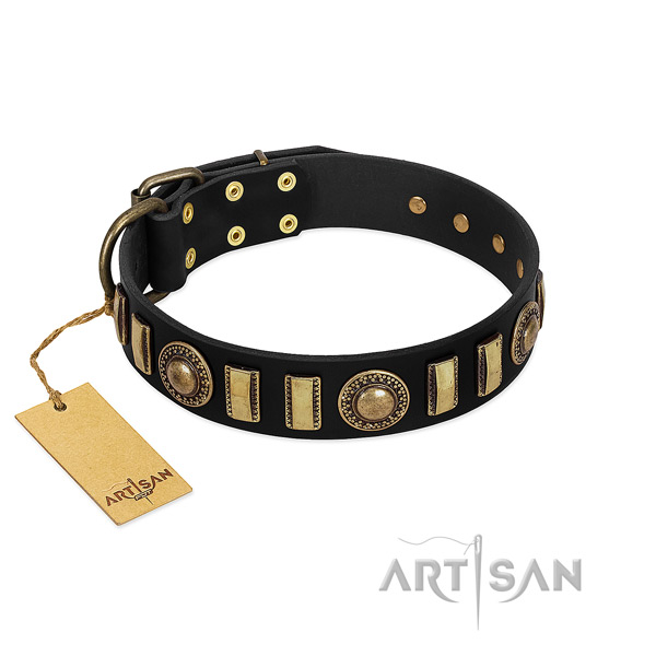 Strong natural leather dog collar with corrosion resistant buckle