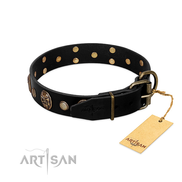 Durable buckle on full grain natural leather collar for walking your dog