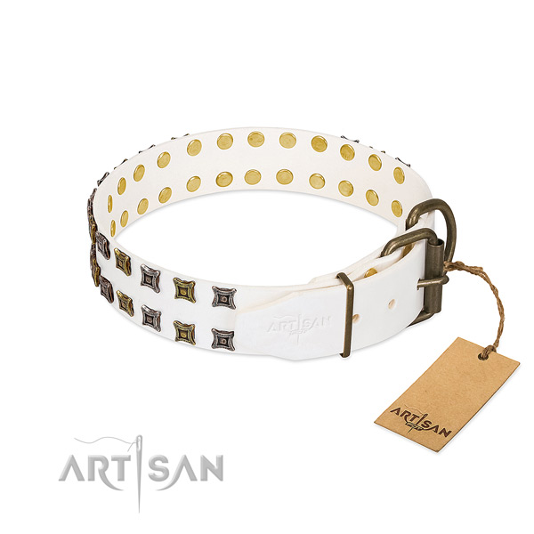 Full grain genuine leather collar with stylish decorations for your doggie