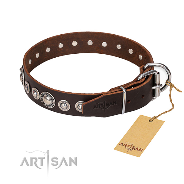 Full grain natural leather dog collar made of reliable material with durable D-ring