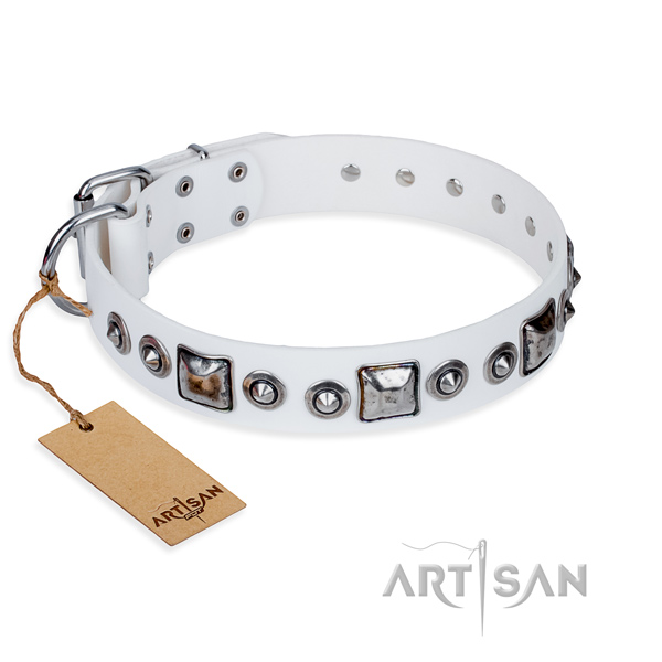 Leather dog collar made of soft to touch material with corrosion proof buckle